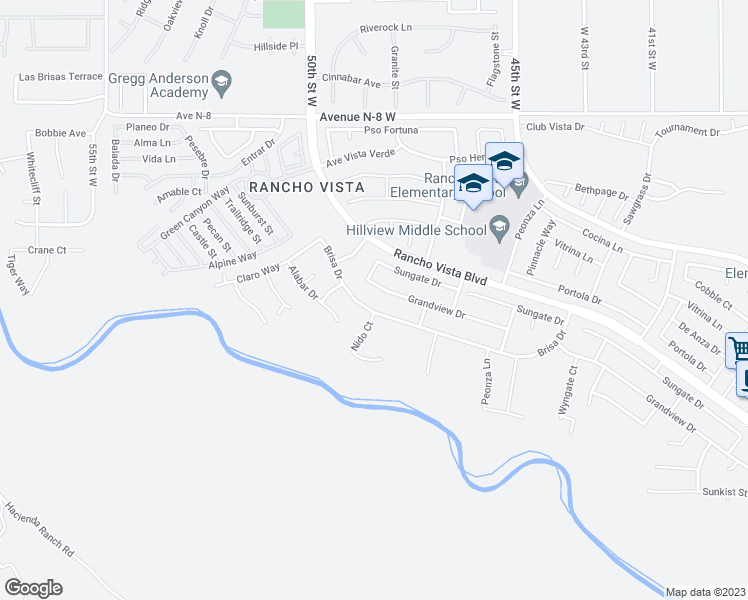 map of restaurants, bars, coffee shops, grocery stores, and more near 4538 Sungate Drive in Palmdale