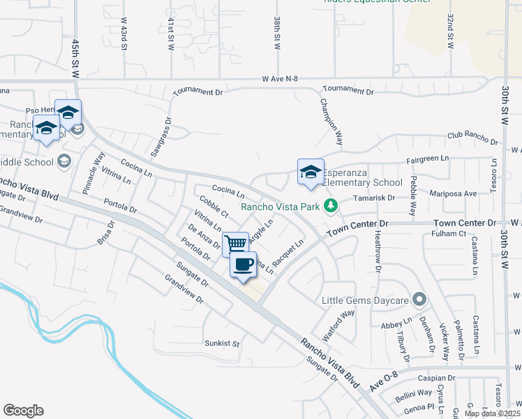 map of restaurants, bars, coffee shops, grocery stores, and more near 3832 Cocina Lane in Palmdale