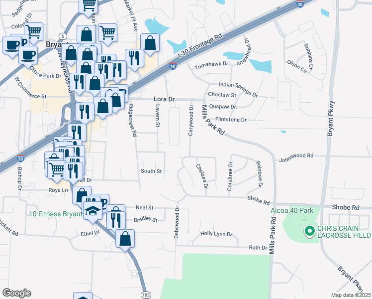 map of restaurants, bars, coffee shops, grocery stores, and more near 2501 Carywood Drive in Bryant