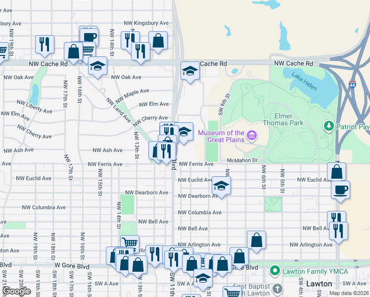map of restaurants, bars, coffee shops, grocery stores, and more near 601 Northwest Fort Sill Boulevard in Lawton