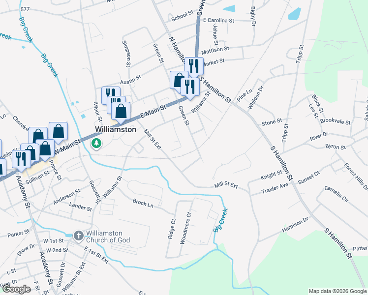 map of restaurants, bars, coffee shops, grocery stores, and more near 125 Crown Court in Williamston