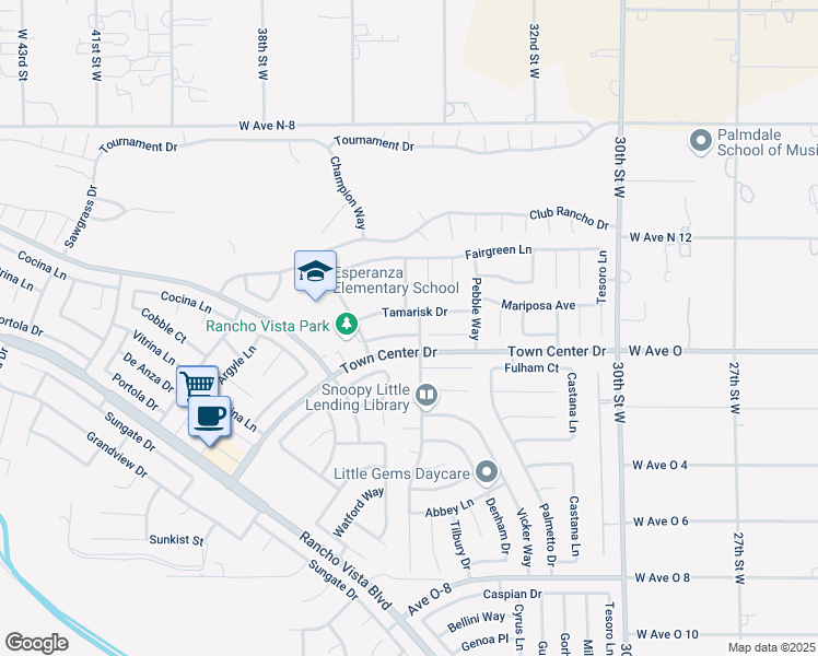 map of restaurants, bars, coffee shops, grocery stores, and more near 3509 Racquet Lane in Palmdale