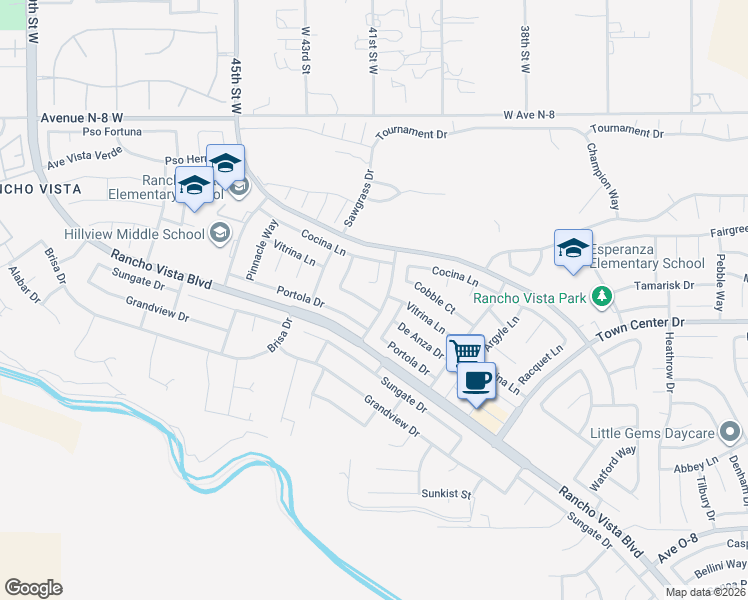 map of restaurants, bars, coffee shops, grocery stores, and more near 4115 De Anza Drive in Palmdale