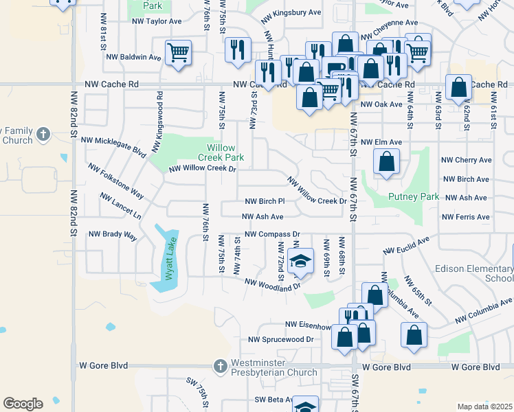 map of restaurants, bars, coffee shops, grocery stores, and more near 7125 Northwest Ash Avenue in Lawton