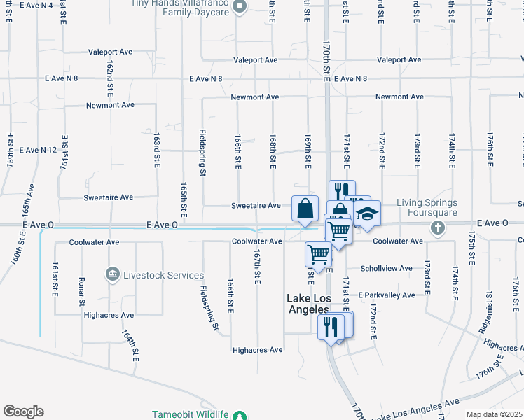 map of restaurants, bars, coffee shops, grocery stores, and more near 16704 Sweetaire Avenue in Lake Los Angeles