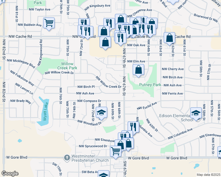 map of restaurants, bars, coffee shops, grocery stores, and more near 6812 Northwest Willow Creek Drive in Lawton