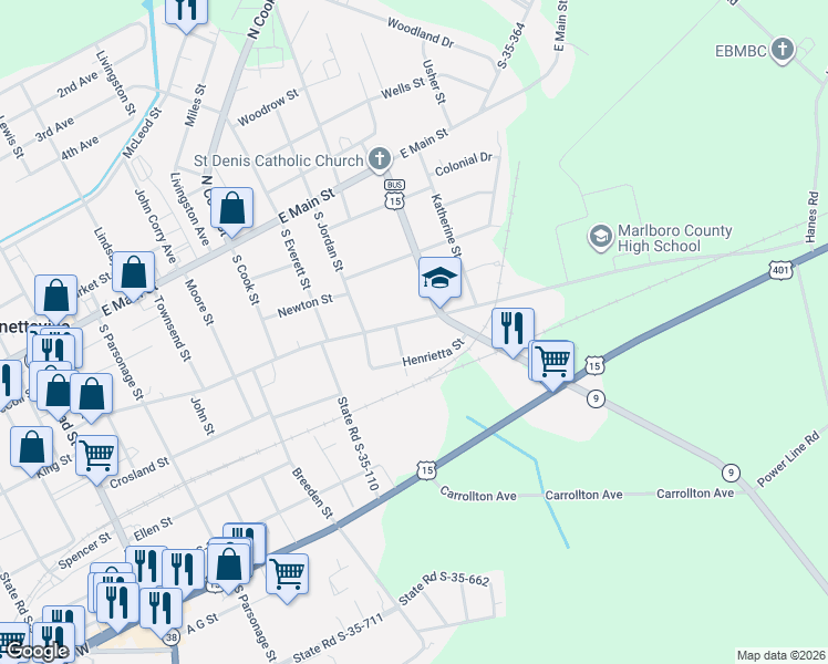 map of restaurants, bars, coffee shops, grocery stores, and more near 103 McKellar Street in Bennettsville