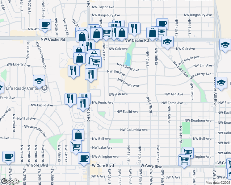 map of restaurants, bars, coffee shops, grocery stores, and more near 1740 Northwest Ash Avenue in Lawton