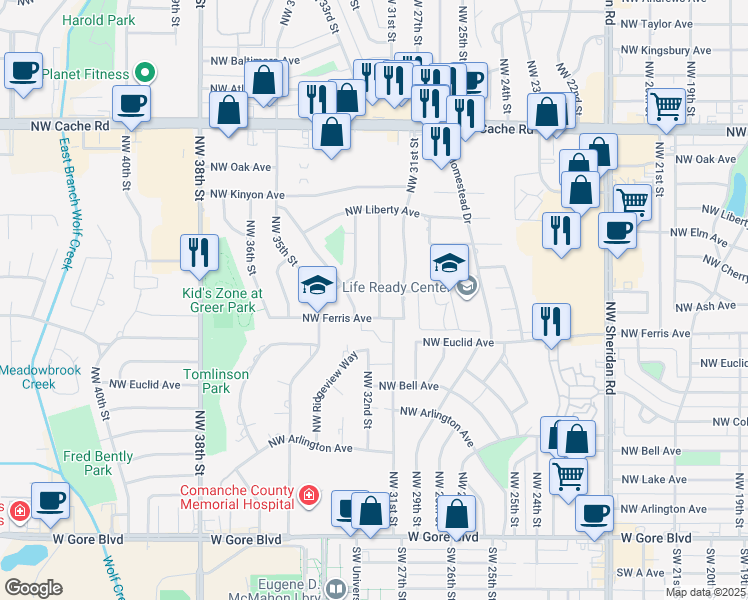 map of restaurants, bars, coffee shops, grocery stores, and more near 706 Northwest 32nd Street in Lawton