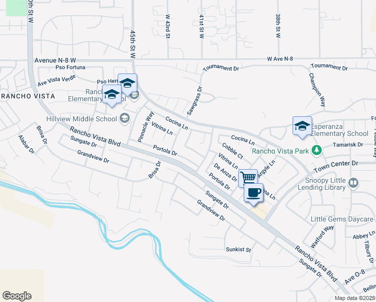 map of restaurants, bars, coffee shops, grocery stores, and more near 4158 De Anza Drive in Palmdale