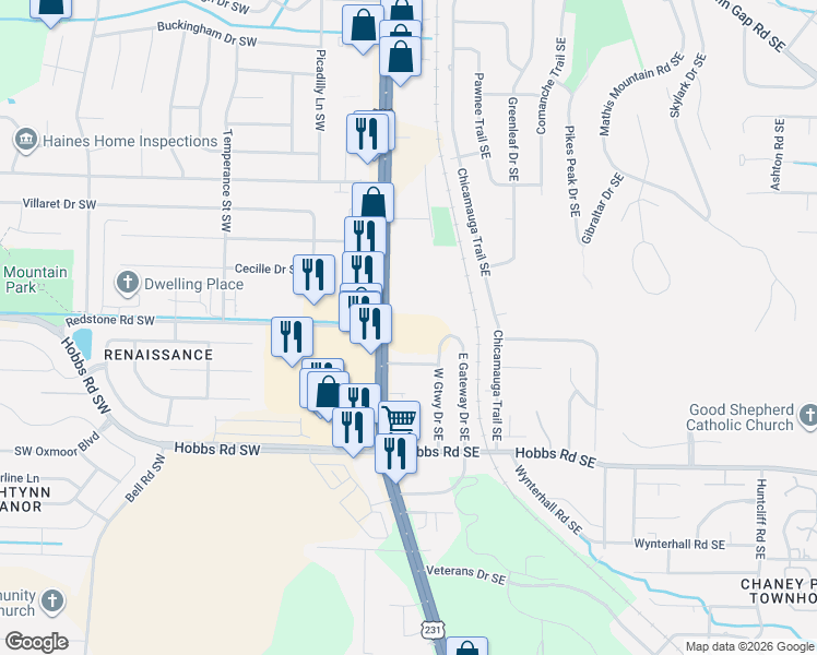 map of restaurants, bars, coffee shops, grocery stores, and more near 11707 Memorial Parkway Southwest in Huntsville