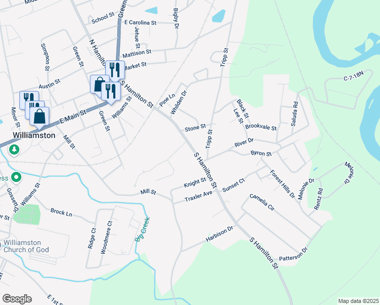 map of restaurants, bars, coffee shops, grocery stores, and more near 316 South Hamilton Street in Williamston