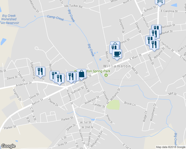 map of restaurants, bars, coffee shops, grocery stores, and more near 299 West Main Street in Williamston