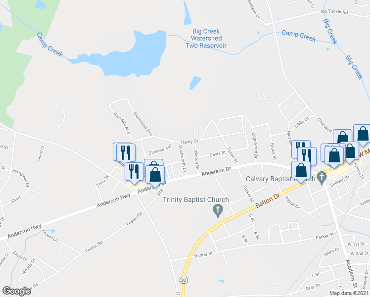 map of restaurants, bars, coffee shops, grocery stores, and more near 206 Duckworth Drive in Williamston