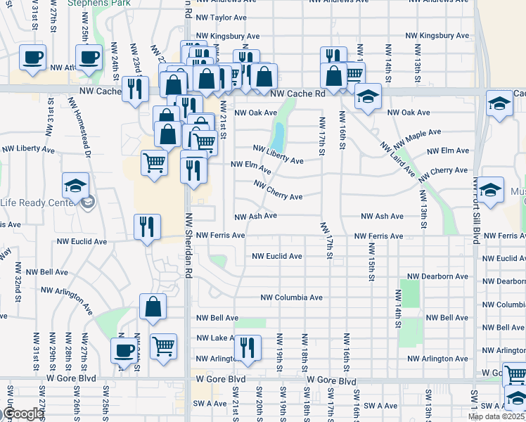 map of restaurants, bars, coffee shops, grocery stores, and more near 1740 Northwest Ash Avenue in Lawton
