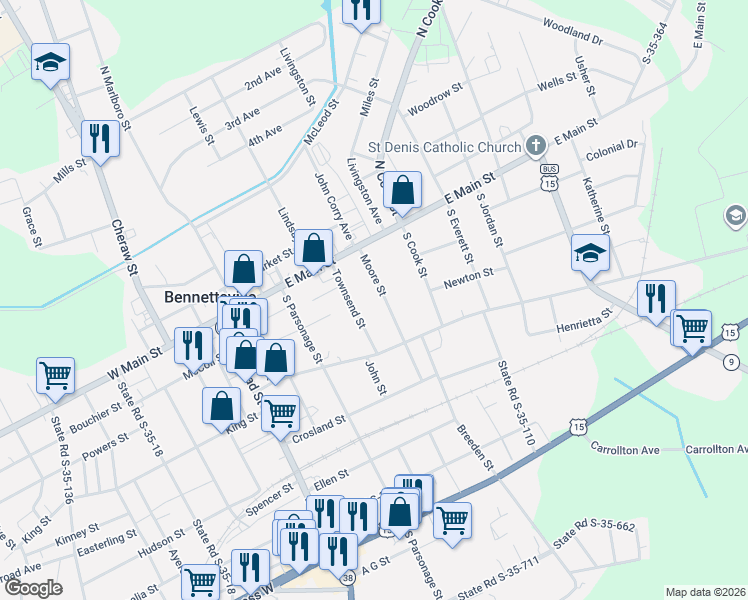 map of restaurants, bars, coffee shops, grocery stores, and more near 115 Moore Street in Bennettsville