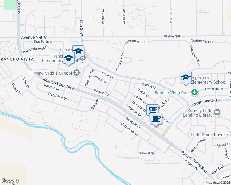 map of restaurants, bars, coffee shops, grocery stores, and more near 4158 De Anza Drive in Palmdale