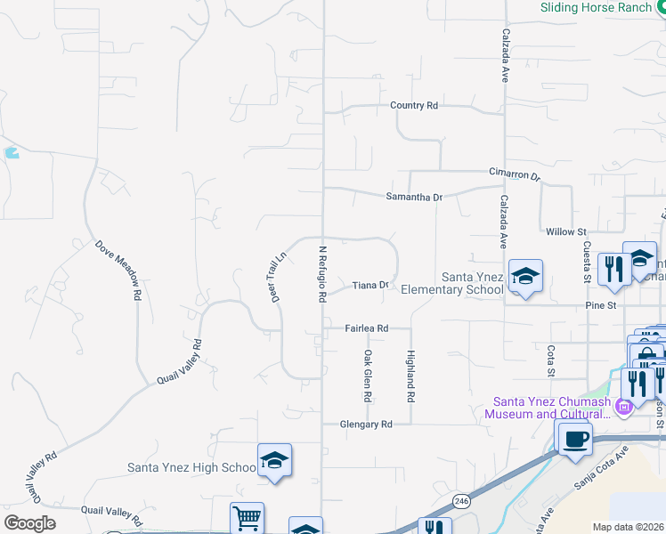 map of restaurants, bars, coffee shops, grocery stores, and more near 1264 North Refugio Road in Santa Ynez