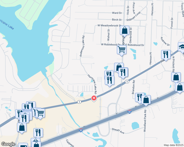 map of restaurants, bars, coffee shops, grocery stores, and more near 2622 Hurricane Lake Road in Bryant