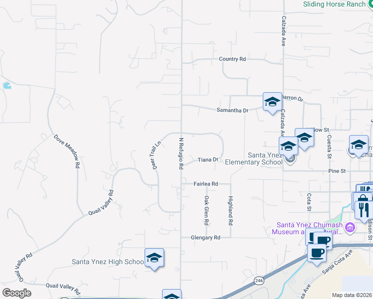 map of restaurants, bars, coffee shops, grocery stores, and more near 1264 North Refugio Road in Santa Ynez