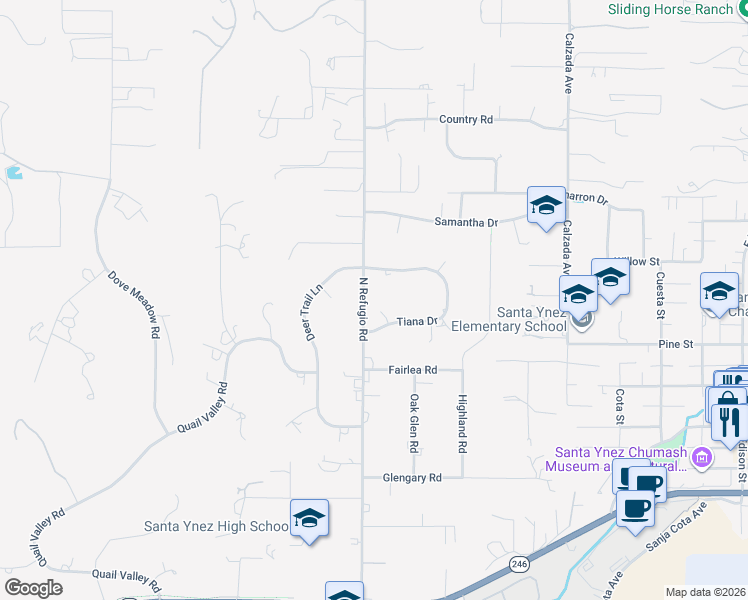 map of restaurants, bars, coffee shops, grocery stores, and more near 1264 North Refugio Road in Santa Ynez