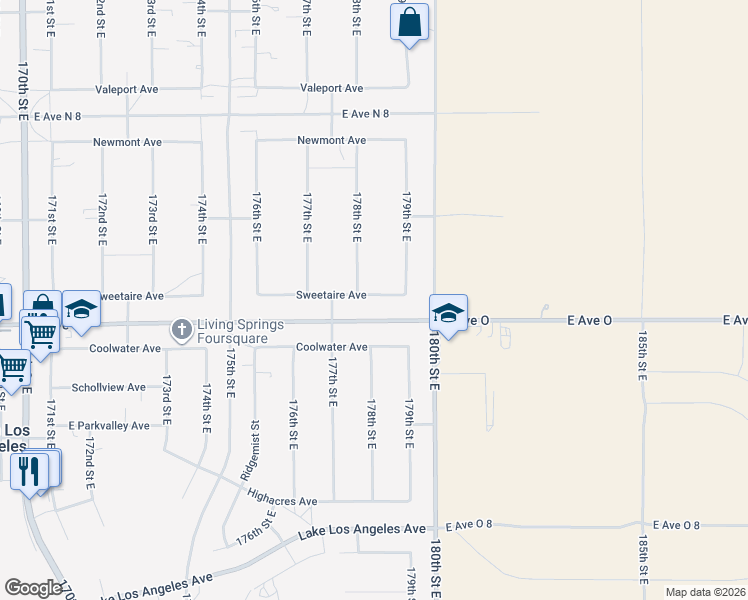 map of restaurants, bars, coffee shops, grocery stores, and more near 17818 Sweetaire Avenue in Lancaster