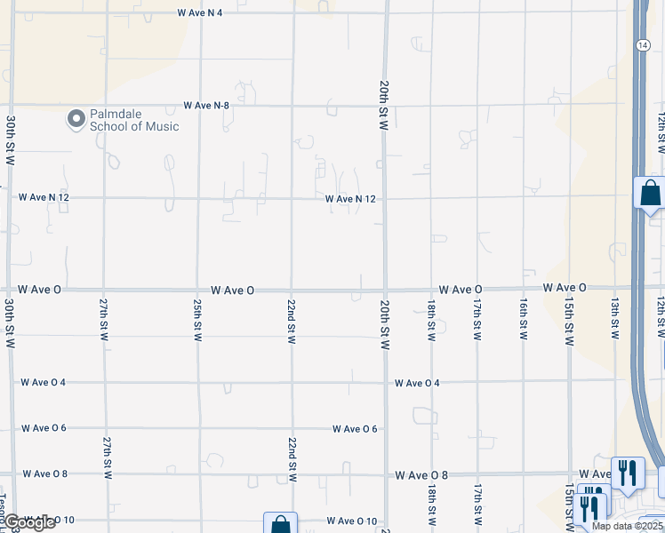 map of restaurants, bars, coffee shops, grocery stores, and more near 2127 West Avenue O in Palmdale