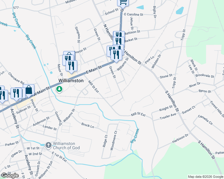 map of restaurants, bars, coffee shops, grocery stores, and more near 125 Crown Court in Williamston