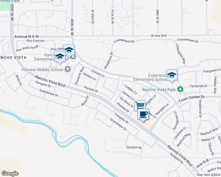 map of restaurants, bars, coffee shops, grocery stores, and more near 4133 De Anza Drive in Palmdale