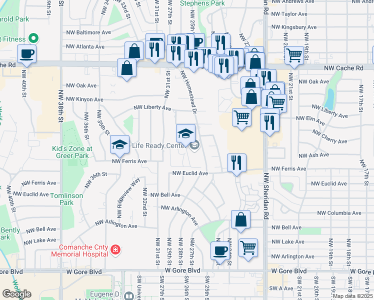 map of restaurants, bars, coffee shops, grocery stores, and more near 702 Northwest Homestead Drive in Lawton