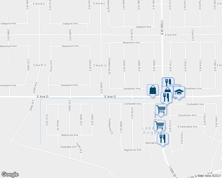 map of restaurants, bars, coffee shops, grocery stores, and more near Sweetaire Avenue in Lake Los Angeles