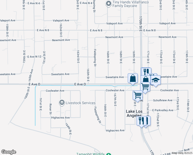 map of restaurants, bars, coffee shops, grocery stores, and more near Sweetaire Avenue in Lake Los Angeles