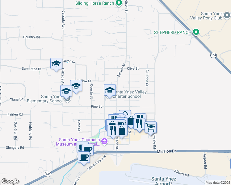 map of restaurants, bars, coffee shops, grocery stores, and more near 3532 Cedar Street in Santa Ynez