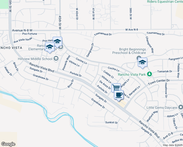 map of restaurants, bars, coffee shops, grocery stores, and more near 4133 De Anza Drive in Palmdale