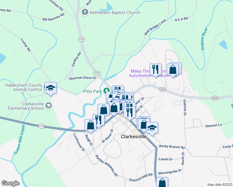 map of restaurants, bars, coffee shops, grocery stores, and more near Bridge Street in Clarkesville