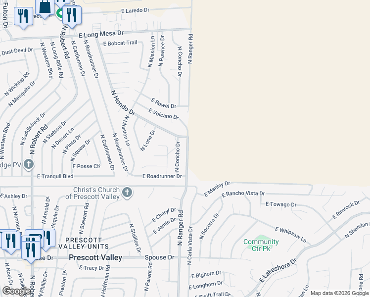 map of restaurants, bars, coffee shops, grocery stores, and more near 5133 North Concho Drive in Prescott Valley