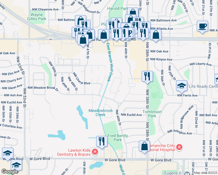 map of restaurants, bars, coffee shops, grocery stores, and more near 4114 Northwest Currell Drive in Lawton