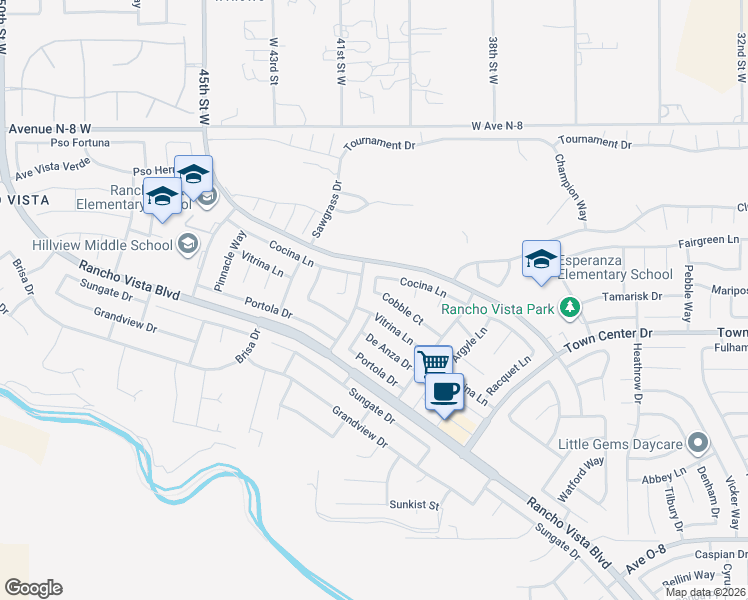 map of restaurants, bars, coffee shops, grocery stores, and more near 4040 Cobble Court in Palmdale