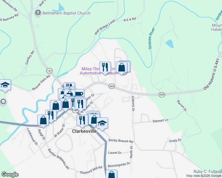 map of restaurants, bars, coffee shops, grocery stores, and more near 440 East Water Street in Clarkesville