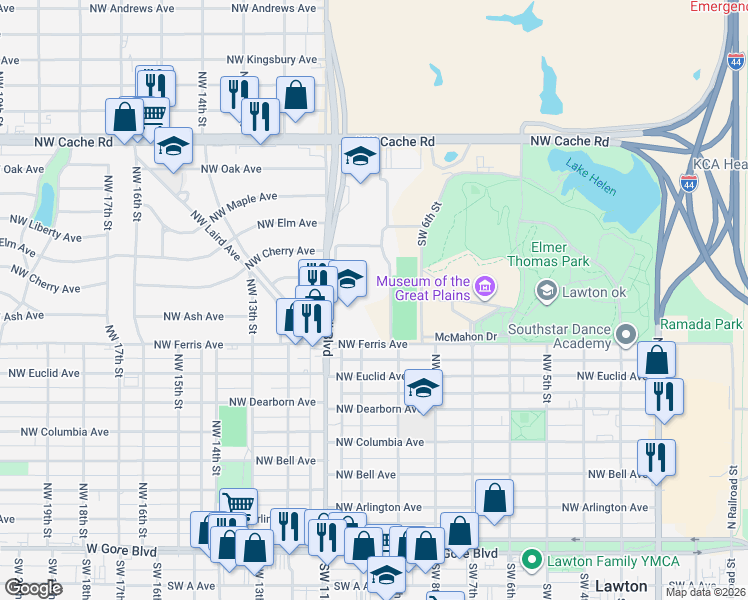 map of restaurants, bars, coffee shops, grocery stores, and more near 601 Northwest Fort Sill Boulevard in Lawton