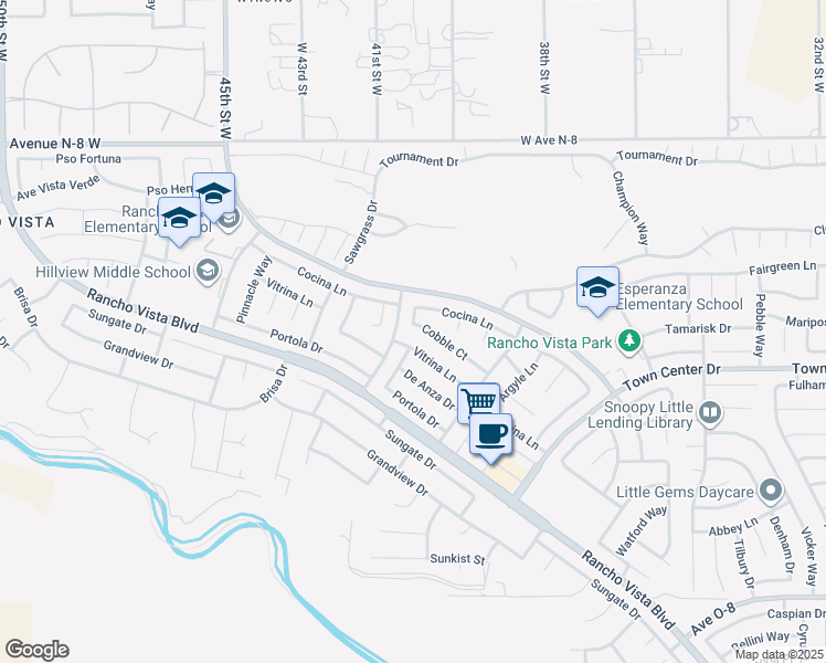 map of restaurants, bars, coffee shops, grocery stores, and more near 4040 Cobble Court in Palmdale