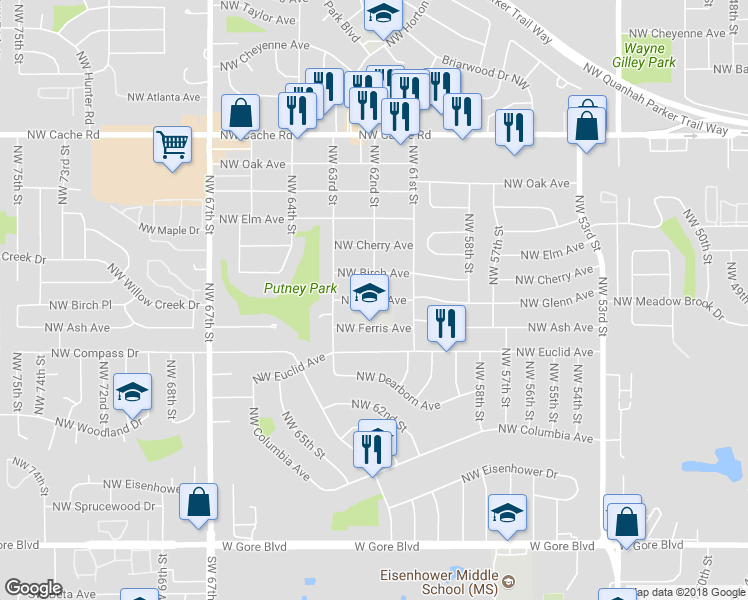 map of restaurants, bars, coffee shops, grocery stores, and more near 801 Northwest 62nd Street in Lawton
