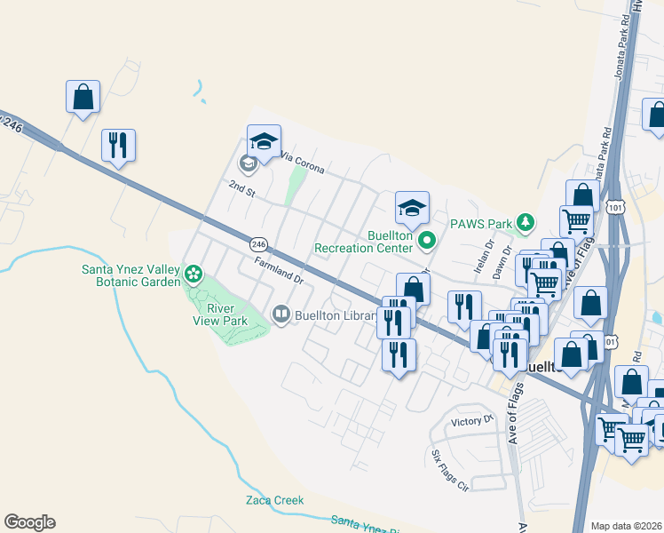 map of restaurants, bars, coffee shops, grocery stores, and more near 314 Calor Drive in Buellton