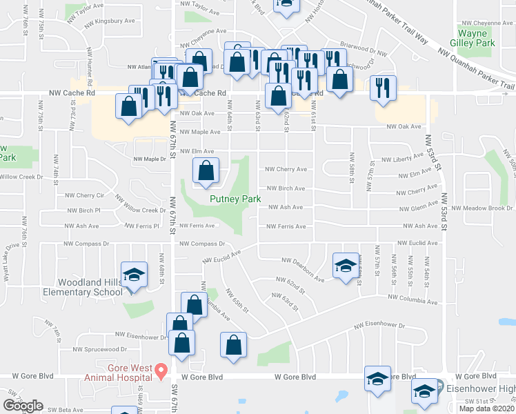 map of restaurants, bars, coffee shops, grocery stores, and more near 6299 Northwest Ash Avenue in Lawton