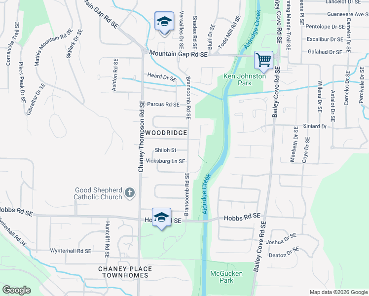 map of restaurants, bars, coffee shops, grocery stores, and more near 1025 Vicksburg Lane Southeast in Huntsville