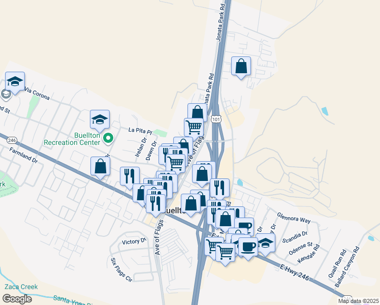 map of restaurants, bars, coffee shops, grocery stores, and more near 545 Avenue Of The Flags in Buellton
