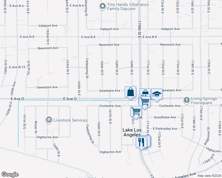 map of restaurants, bars, coffee shops, grocery stores, and more near 16704 Sweetaire Avenue in Lake Los Angeles