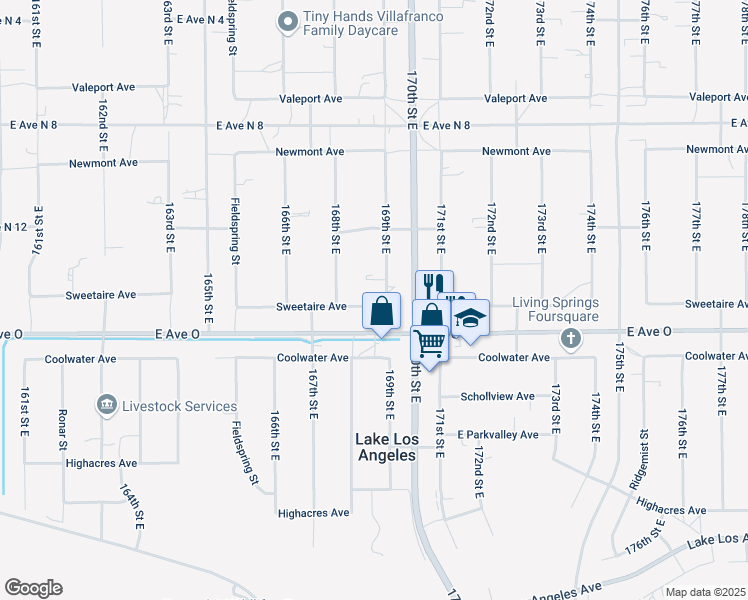 map of restaurants, bars, coffee shops, grocery stores, and more near 40505 169th Street East in Lancaster
