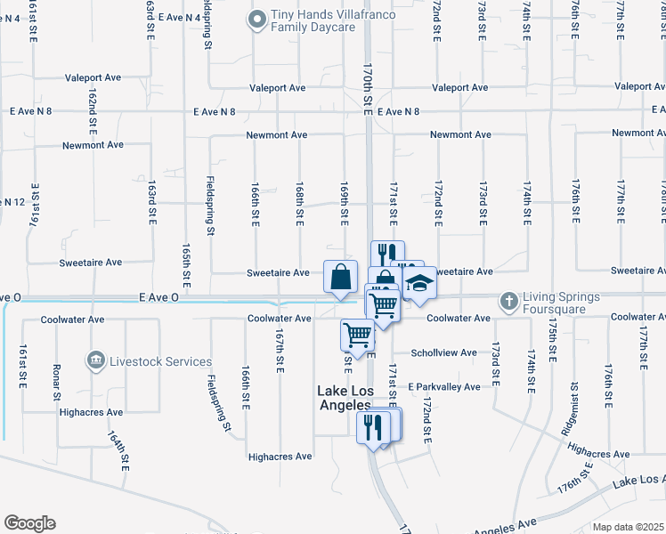 map of restaurants, bars, coffee shops, grocery stores, and more near 40505 169th Street East in Lancaster