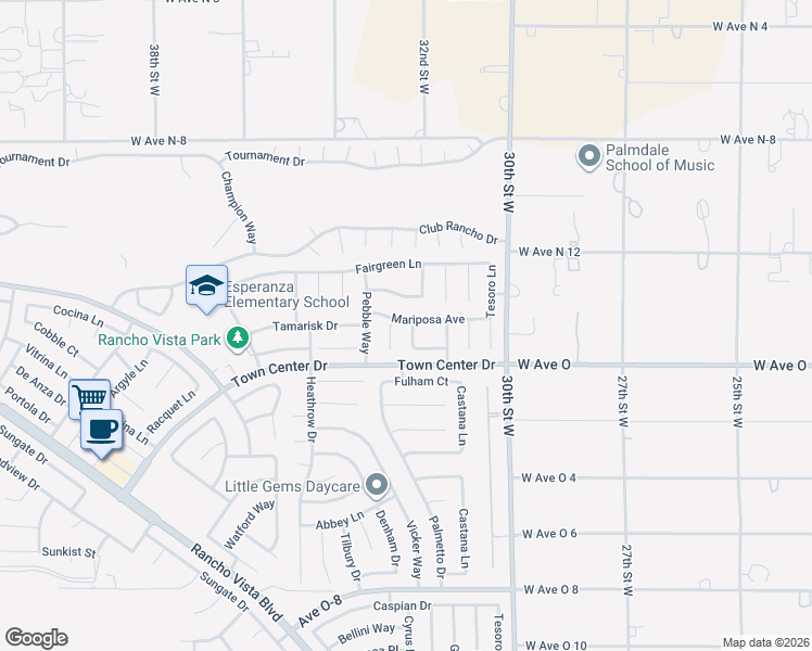 map of restaurants, bars, coffee shops, grocery stores, and more near 40437 Aster Place in Palmdale